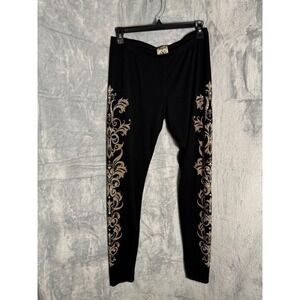 Vocal Womens XL Black Rhinestone Scroll Fleur De Lis Leggings Made in USA